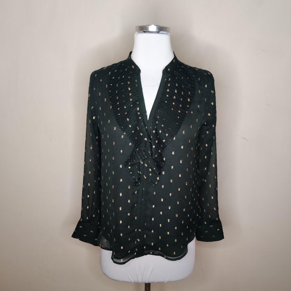Ann Taylor Chiffon Blouse Pleated Ruffle‎ Black Gold